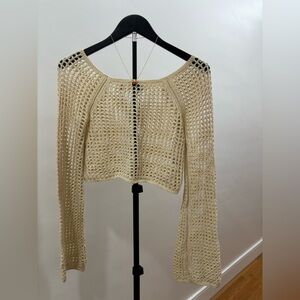 243. Cropped Cream Crochet Open-Knit Sweater